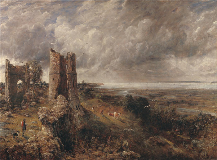 约翰·康斯特布尔(John Constable,英国画家)高清作品-《哈德利城堡,泰晤士河口——暴风雨之夜的早晨(1829 年)》