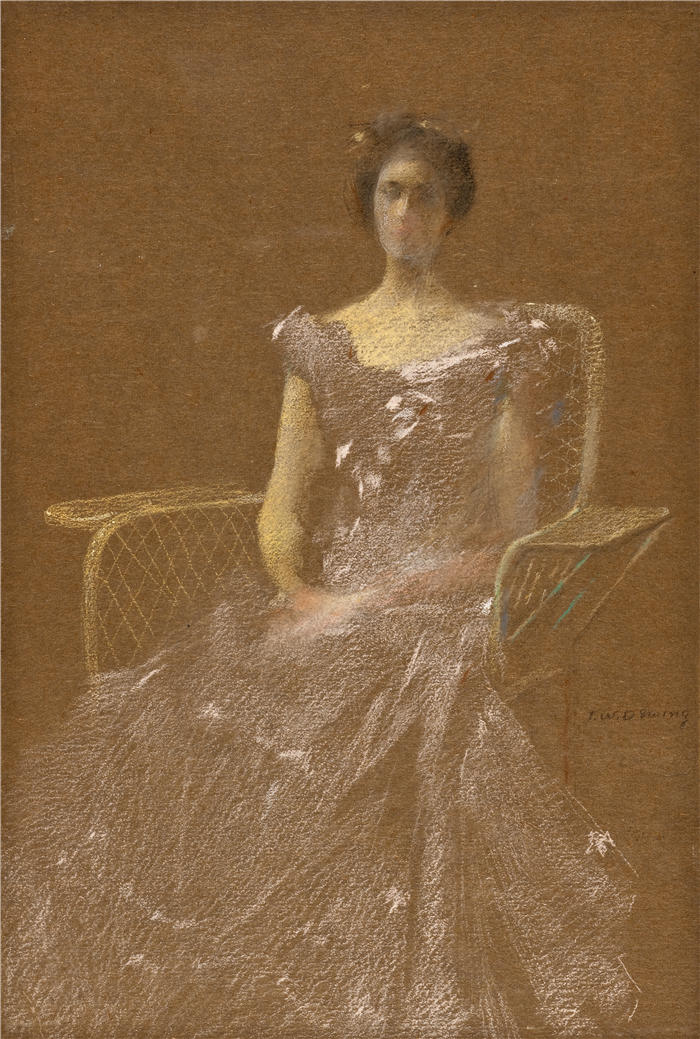 托马斯·威尔默·杜因 (Thomas Wilmer Dewing，美国画家)高清作品-《藤椅上的女士（约 1895-1908 年）》