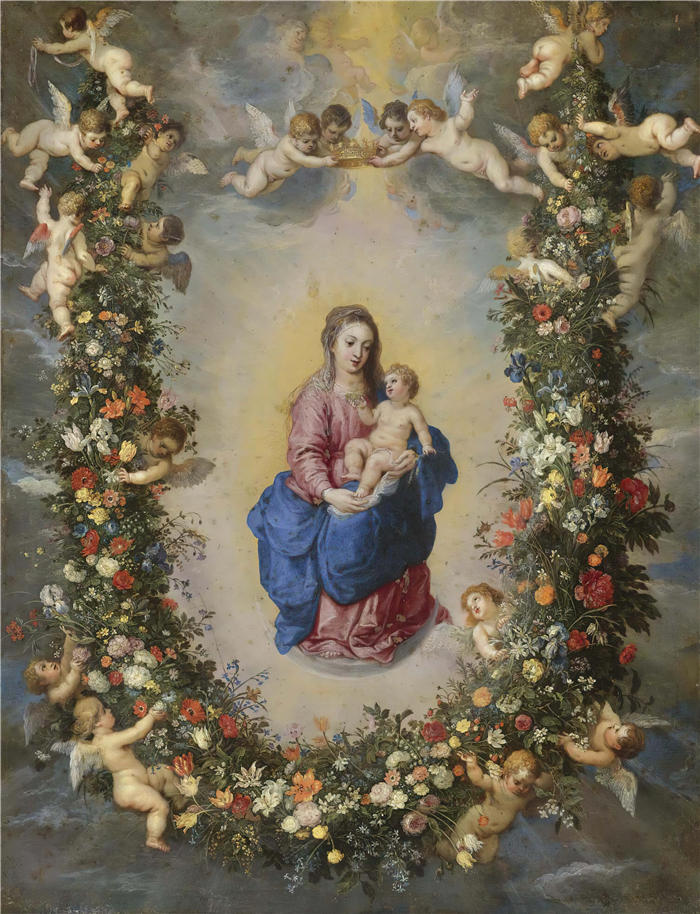 扬·布鲁格赫尔（ Jan Brueghel The Elder,意大利画家）高清作品-《被小天使高高举起的花环环绕的圣母子》