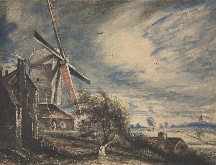 约翰·康斯特布尔(John Constable,英国画家)高清作品-《科尔切斯特附近的磨坊(1833 年)》