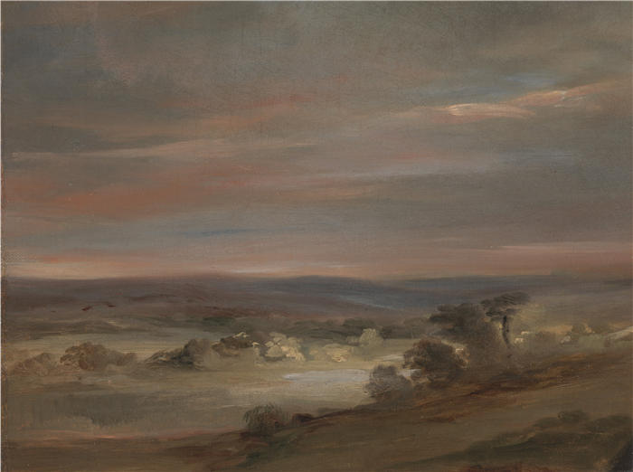 约翰·康斯特布尔(John Constable,英国画家)高清作品-《汉普斯特德荒地景观,清晨》