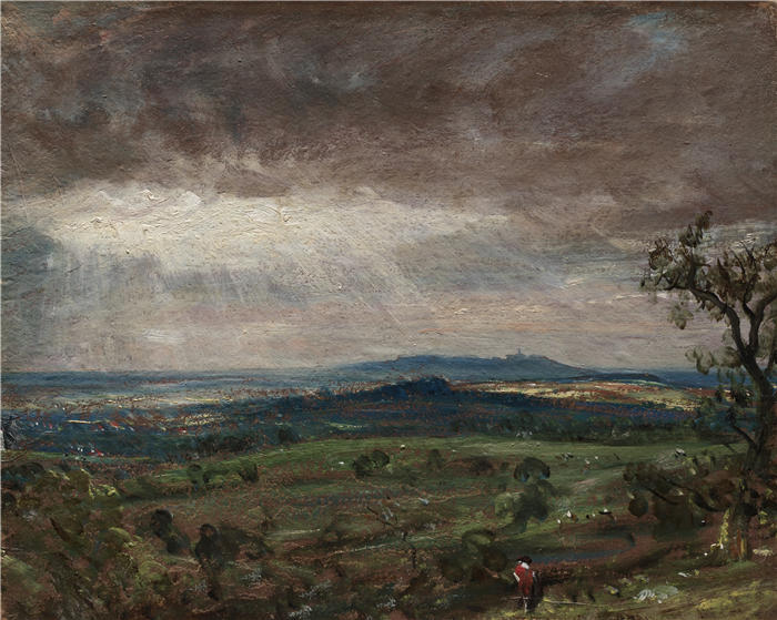 约翰·康斯特布尔(John Constable,英国画家)高清作品-《汉普斯特德希思,展望哈罗 (1821-1822)》
