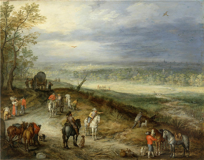 扬·布鲁格赫尔（ Jan Brueghel The Elder,意大利画家）高清作品-《乡间小路上有旅行者的广阔风景（c.1608-10）》