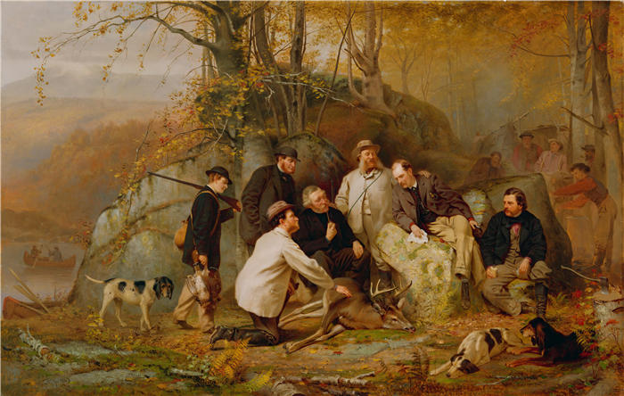 约翰·乔治·布朗(John George Brown,美国画家)高清作品-《声称射击;阿迪朗达克山脉狩猎后的一组肖像(1865 年)》