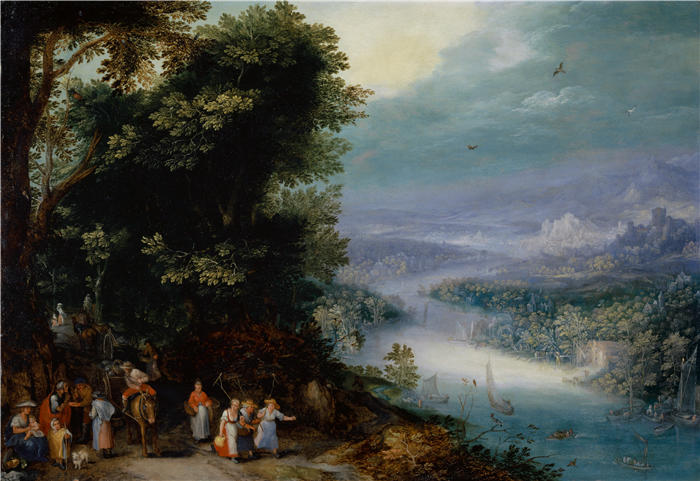 扬·布鲁格赫尔（ Jan Brueghel The Elder,意大利画家）高清作品-《树木繁茂的河谷与道路 (1602)》