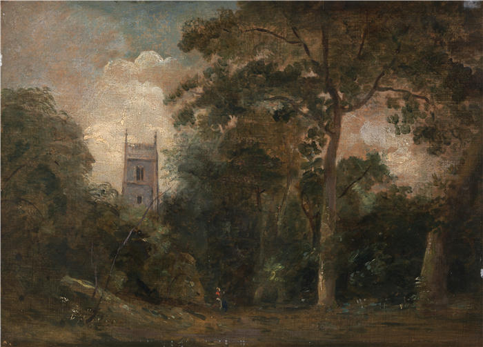 约翰·康斯特布尔(John Constable,英国画家)高清作品-《树上的教堂》