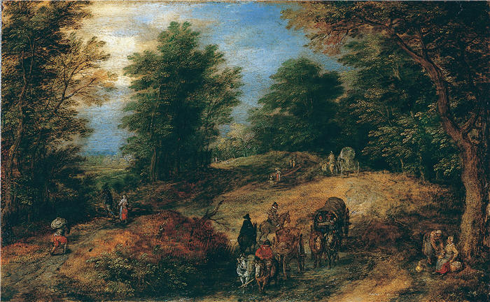 扬·布鲁格赫尔（ Jan Brueghel The Elder,意大利画家）高清作品-《在林地小路上与旅行者一起风景（约 1607 年）》