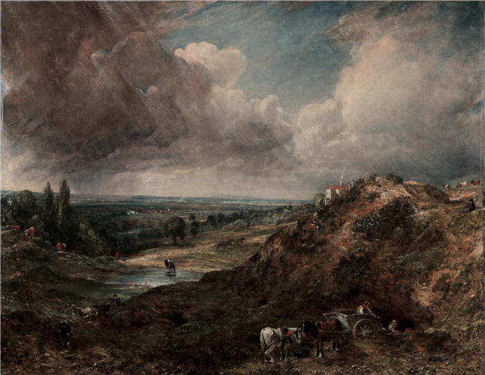 约翰·康斯特布尔(John Constable,英国画家)高清作品-《汉普斯特德的 Branch Hill Pond(1828 年)》