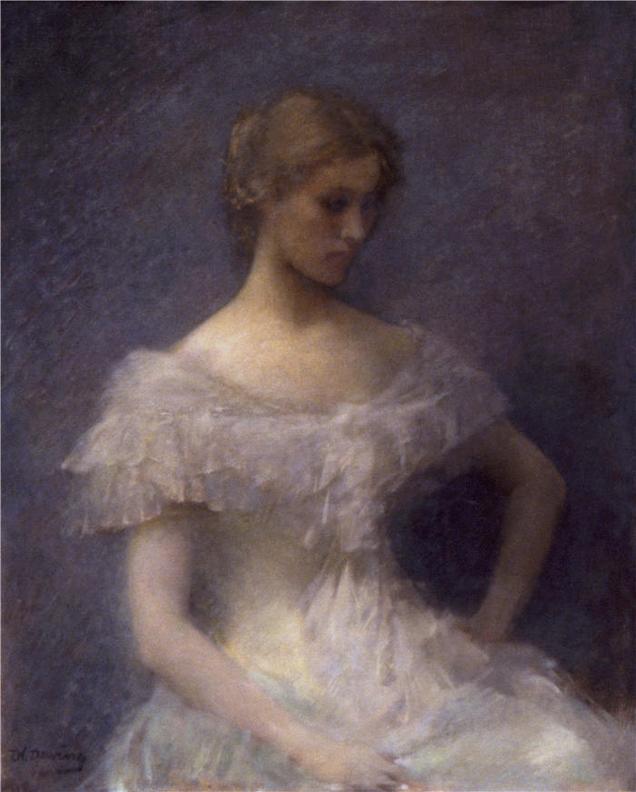 托马斯·威尔默·杜因 (Thomas Wilmer Dewing，美国画家)高清作品-《坐着的年轻女孩 (1896)》