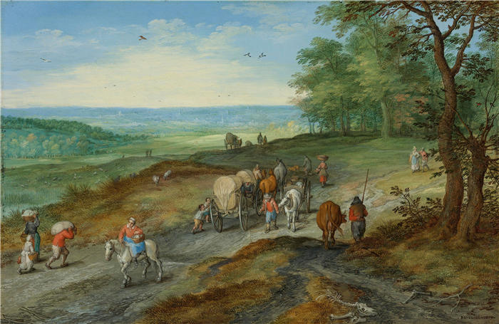扬·布鲁格赫尔（ Jan Brueghel The Elder,意大利画家）高清作品-《公路上有篷车和旅行者的全景（1612 年）》
