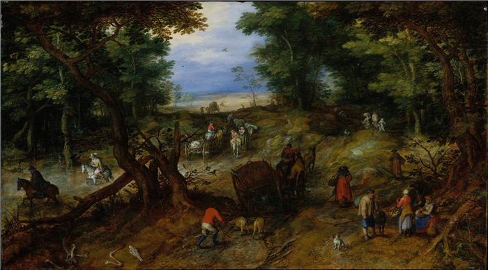 扬·布鲁格赫尔（ Jan Brueghel The Elder,意大利画家）高清作品-《有旅行者的林地之路 (1607)》
