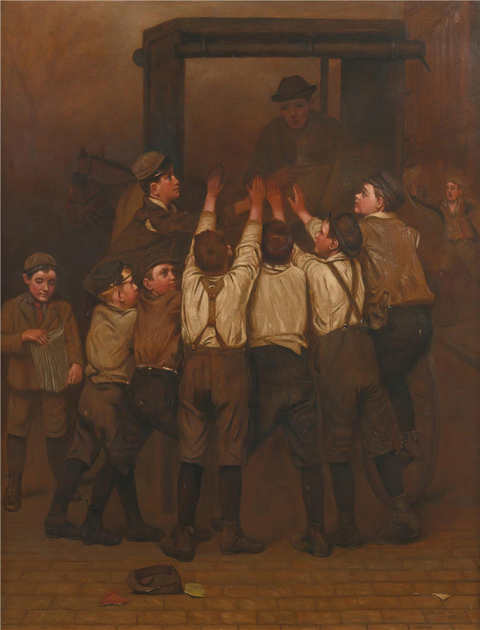 约翰·乔治·布朗(John George Brown,美国画家)高清作品-《晚报热潮 (1912)》