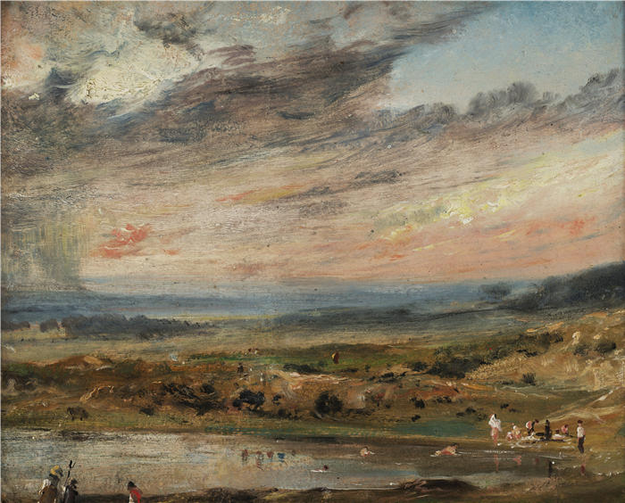 约翰·康斯特布尔(John Constable,英国画家)高清作品-《汉普斯特德希思,与池塘和沐浴者(1821 年)》