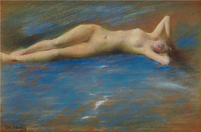 托马斯·威尔默·杜因 (Thomas Wilmer Dewing，美国画家)高清作品-《一个女孩的斜倚裸体图》