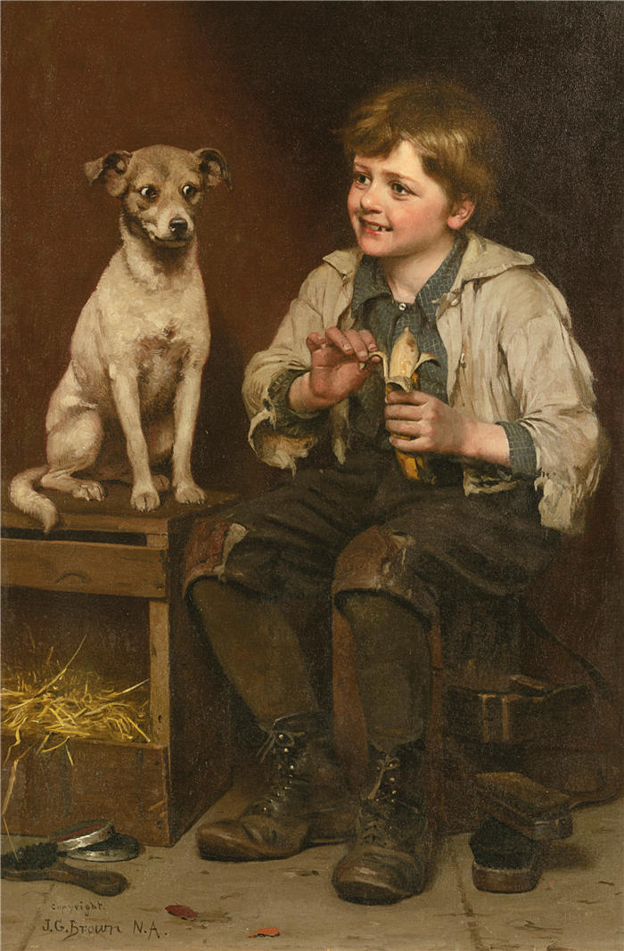 约翰·乔治·布朗(John George Brown,美国画家)高清作品-《等待一口(1888)》