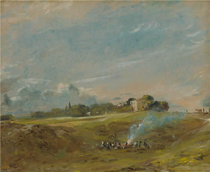 约翰·康斯特布尔(John Constable,英国画家)高清作品-《汉普斯特德希思,篝火旁(约 1822 年)》