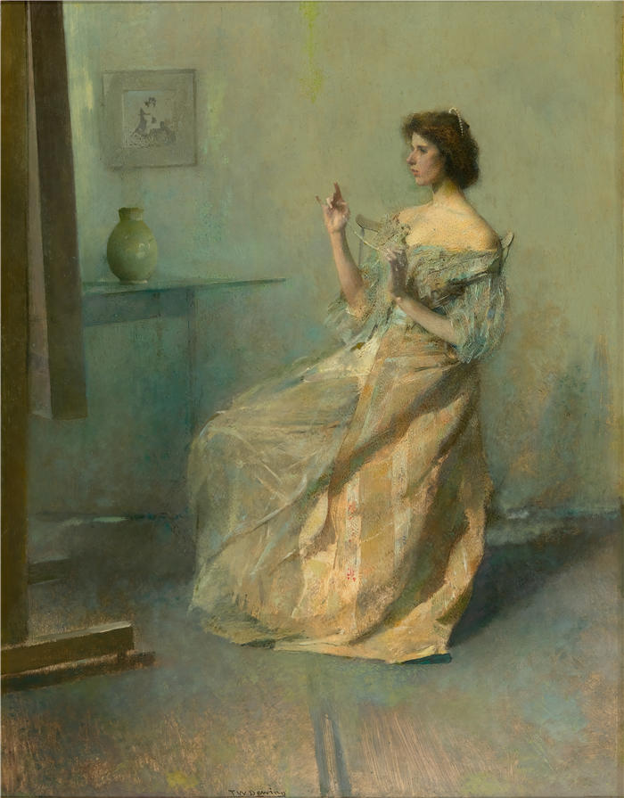 托马斯·威尔默·杜因 (Thomas Wilmer Dewing，美国画家)高清作品-《项链（约 1907 年）》