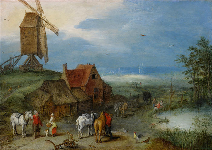 扬·布鲁格赫尔( Jan Brueghel The Elder,意大利画家)高清作品-《农庄附近有风车、各种人物、马和动物的风景(1606 年)》