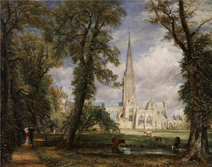 约翰·康斯特布尔(John Constable,英国画家)高清作品-《主教花园的索尔兹伯里大教堂(1826 年)》