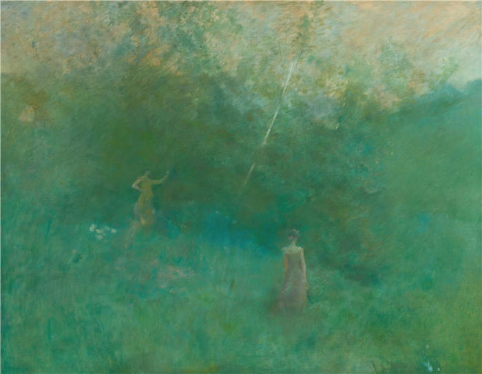托马斯·威尔默·杜因 (Thomas Wilmer Dewing，美国画家)高清作品-《白桦树（约 1899 年）》