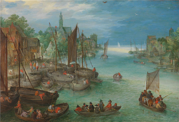 扬·布鲁格赫尔（ Jan Brueghel The Elder,意大利画家）高清作品-《沿河的城市景观（约 1630 年）》