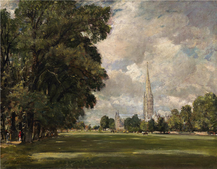 约翰·康斯特布尔(John Constable,英国画家)高清作品-《下沼泽附近的索尔兹伯里大教堂(1820 年)》