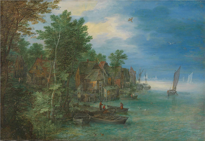 扬·布鲁格赫尔( Jan Brueghel The Elder,意大利画家)高清作品-《沿河村庄的景色(1604 年)》