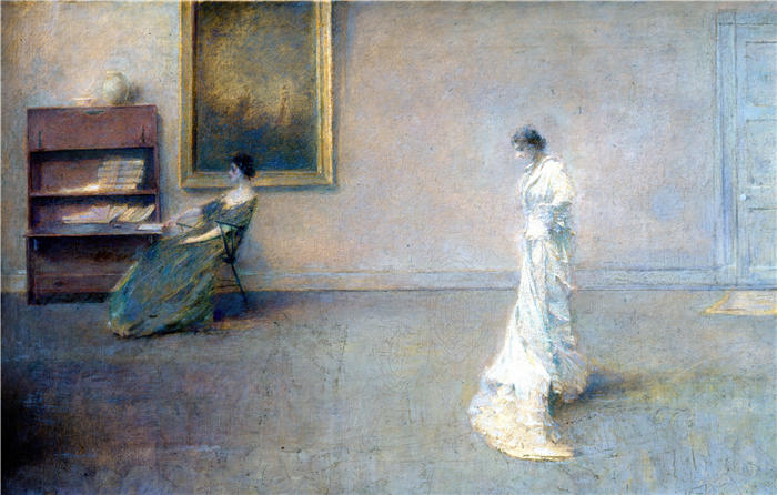 托马斯·威尔默·杜因 (Thomas Wilmer Dewing，美国画家)高清作品-《白色连衣裙（1901）》