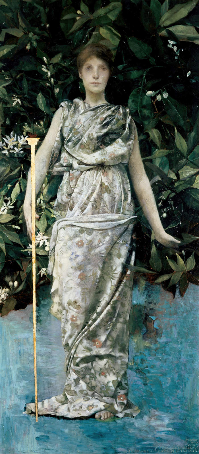 托马斯·威尔默·杜因 (Thomas Wilmer Dewing，美国画家)高清作品-《处女膜 (1884 -1886)》