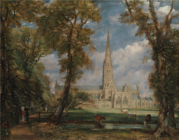 约翰·康斯特布尔(John Constable,英国画家)高清作品-《主教区的索尔兹伯里大教堂(约 1825 年)》