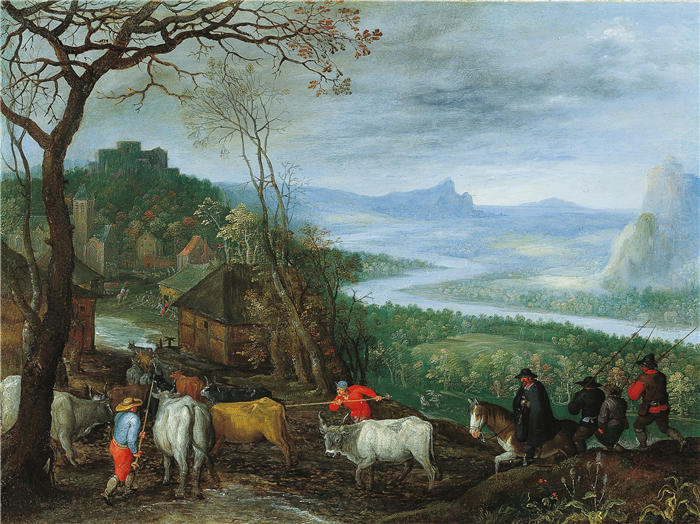 扬·布鲁格赫尔( Jan Brueghel The Elder,意大利画家)高清作品-《牧民把牛赶到村庄的风景》