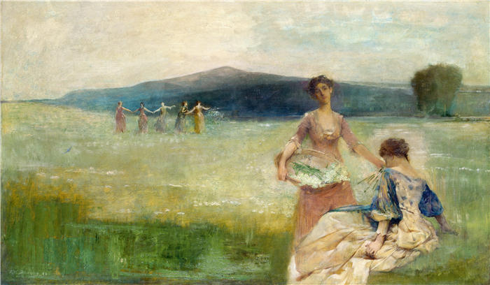托马斯·威尔默·杜因 (Thomas Wilmer Dewing，美国画家)高清作品-《春天 (1890)》