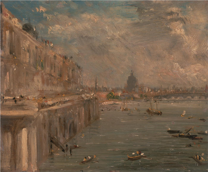 约翰·康斯特布尔(John Constable,英国画家)高清作品-《滑铁卢桥的萨默塞特宫露台(约 1819 年)》