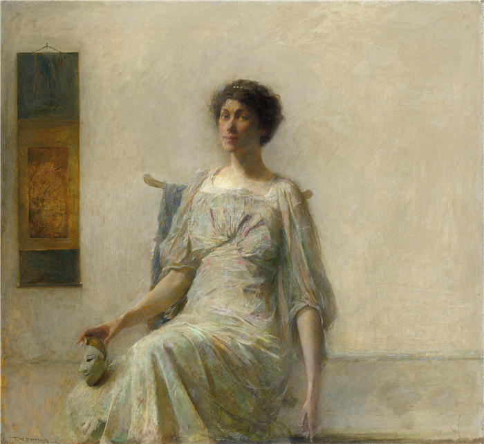 托马斯·威尔默·杜因 (Thomas Wilmer Dewing，美国画家)高清作品-《戴面具的女士 (1911)》