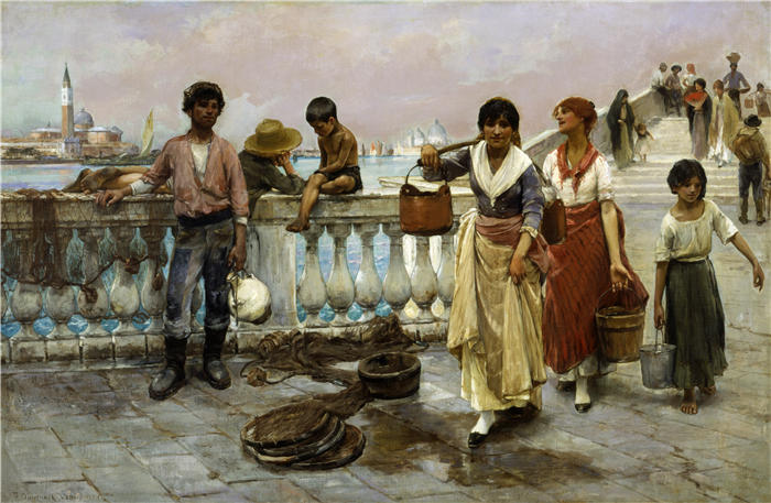 托马斯·威尔默·杜因 (Thomas Wilmer Dewing，美国画家)高清作品-《威尼斯的水车（1884 年）》