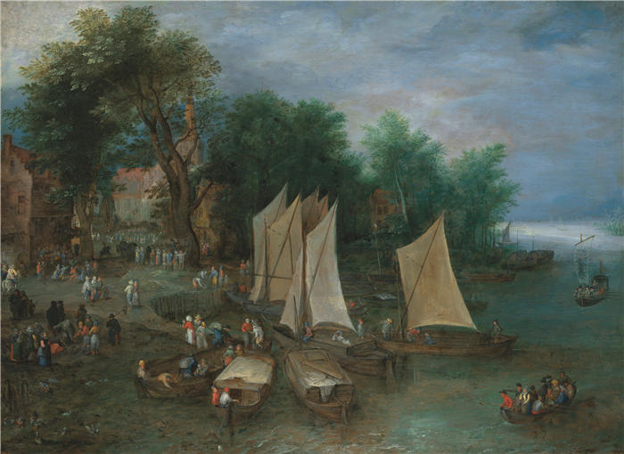 扬·布鲁格赫尔（ Jan Brueghel The Elder,意大利画家）高清作品-《靠近村庄的登陆台，有船只和人物（1600）》