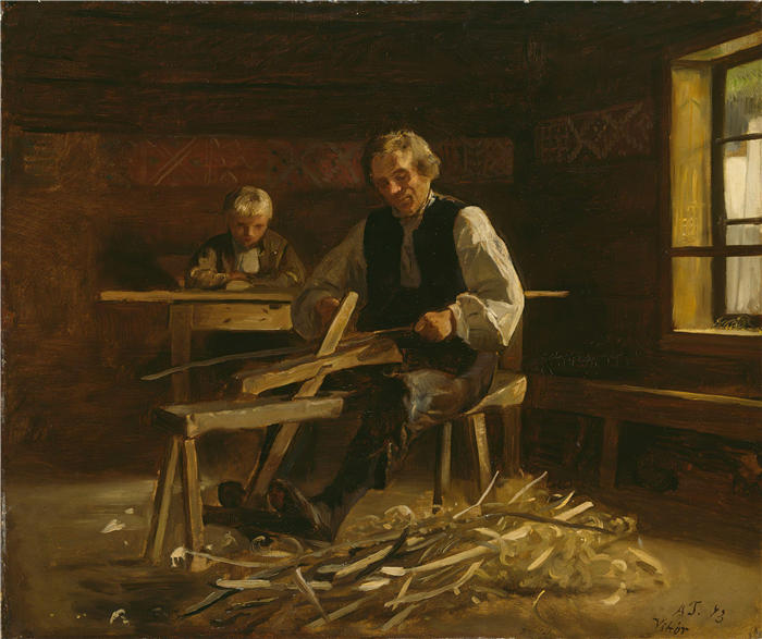 阿道夫·泰德曼( Adolph Tidemand,挪威画家)高清作品-《Vikøy 的内部与农民制作桶箍(1873 年)》