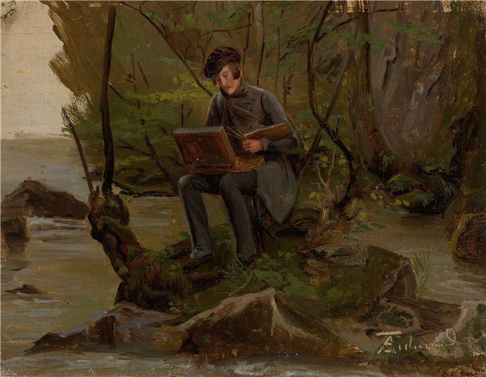 阿道夫·泰德曼( Adolph Tidemand,挪威画家)高清作品-《画家在他的油漆盒(1837)》
