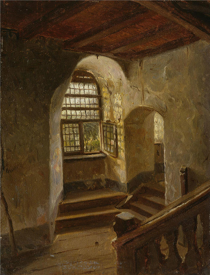 阿道夫·泰德曼( Adolph Tidemand,挪威画家)高清作品-《莱茵河畔城堡的楼梯(1854 年)》