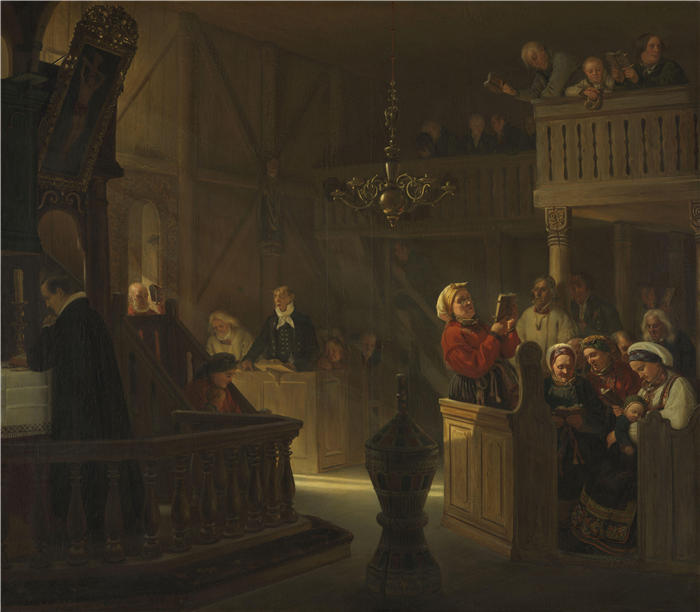 阿道夫·泰德曼（ Adolph Tidemand，挪威画家）高清作品-《在挪威乡村教堂服务（1845 年）》