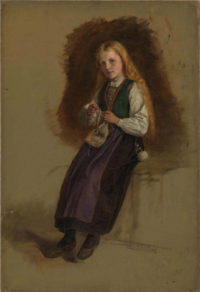 阿道夫·泰德曼( Adolph Tidemand,挪威画家)高清作品-《来自 Vikør 的 Syneve Larsdatter 肖像(1873 年)》