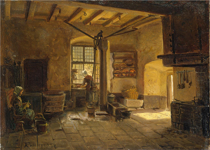 阿道夫·泰德曼（ Adolph Tidemand，挪威画家）高清作品-《厨房内部 (1854)》