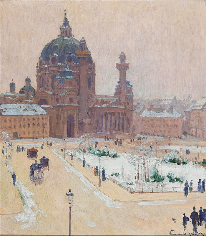 卡尔·摩尔（Carl Moll，奥地利画家）高清作品-《冬季圣查尔斯教堂（1902 年）》