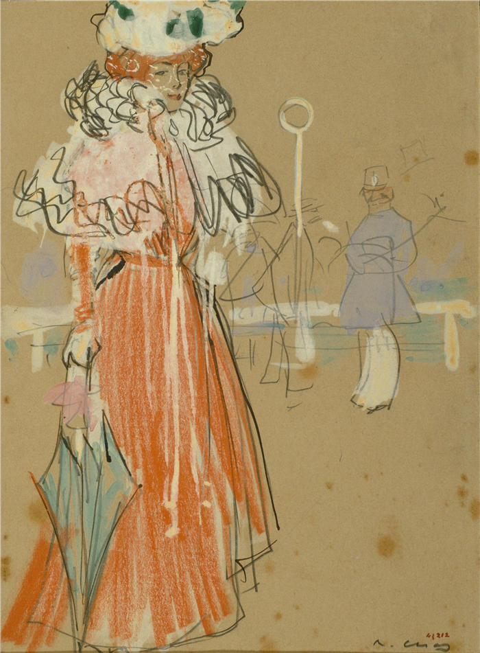拉蒙·卡萨斯（Ramon Casas，西班牙画家）高清作品-《红衣女图（约 1900 年）》