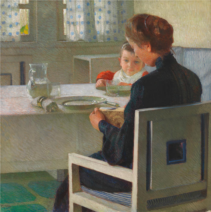 卡尔·摩尔（Carl Moll，奥地利画家）高清作品-《母亲和孩子在餐桌旁（早餐）（1903年）》
