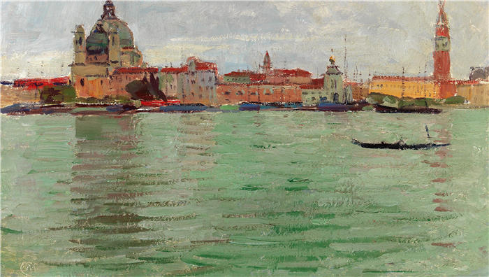 卡尔·摩尔（Carl Moll，奥地利画家）高清作品-《威尼斯，圣玛丽亚德拉礼炮和圣马可钟楼（约 1922 年）》