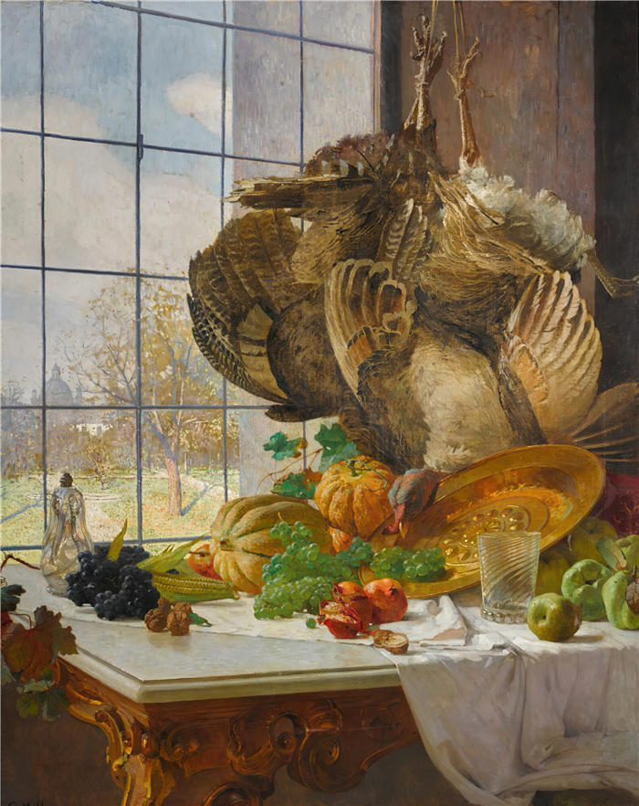 卡尔·摩尔（Carl Moll，奥地利画家）高清作品-《艺术家工作室的秋季静物（1897 年）》