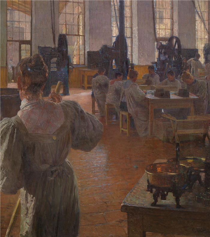 卡尔·摩尔（Carl Moll，奥地利画家）高清作品-《在咖啡培养基工厂（1900）》
