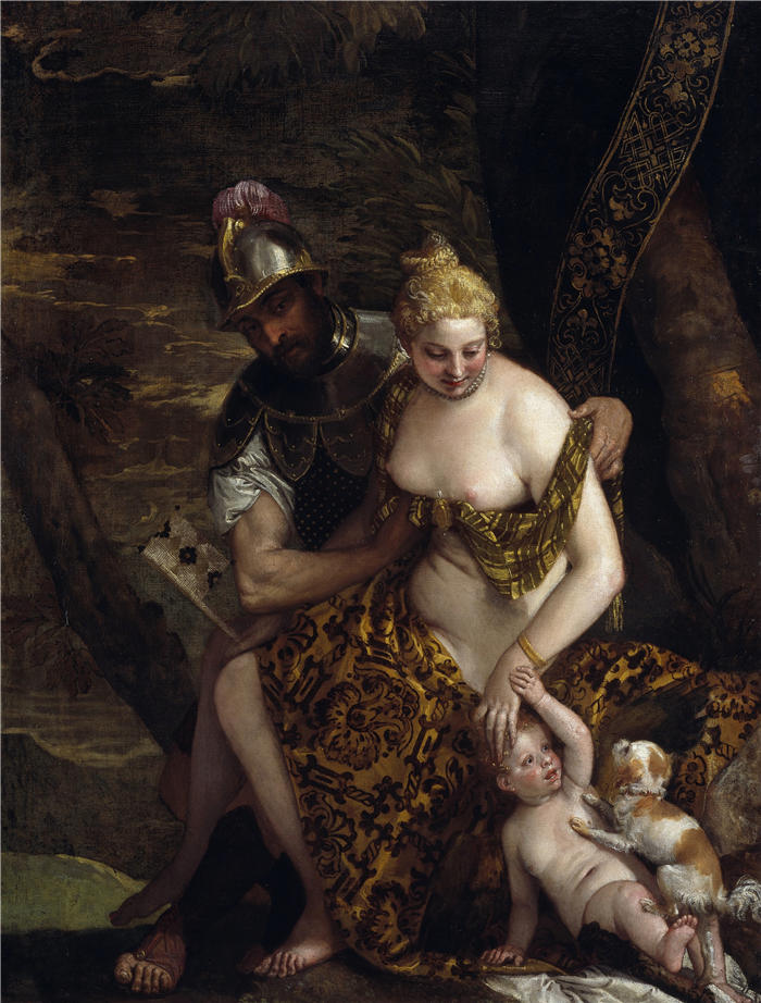 委罗内塞（Paolo Veronese，意大利画家）高清作品-《火星、金星和丘比特 火星和金星与丘比特和一条狗（约 1580 年）》