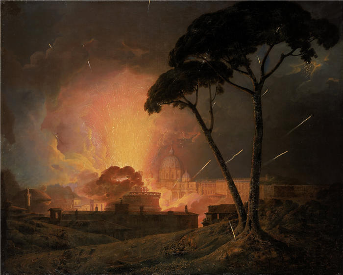 约瑟夫·赖特（Joseph Wright，英国画家）高清作品-《罗马圣安杰洛城堡一年一度的吉兰多拉酒店》